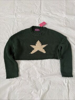 Edikted Dark Green Knit Sweater with Pink Brand Tag